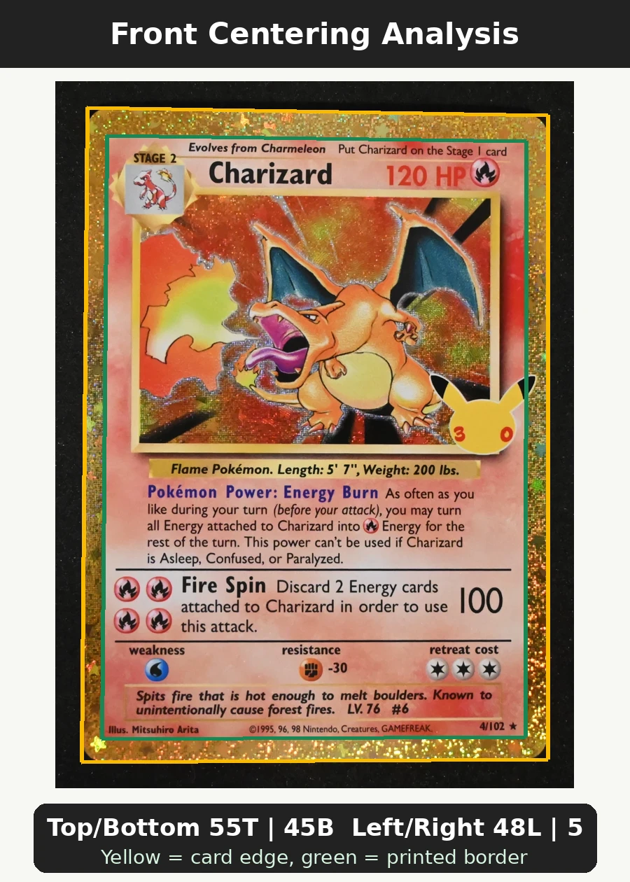 Charizard 004 30th Classic Collection front centering analysis showing Top/Bottom 55T | 45B and Left/Right 48L | 52R.
