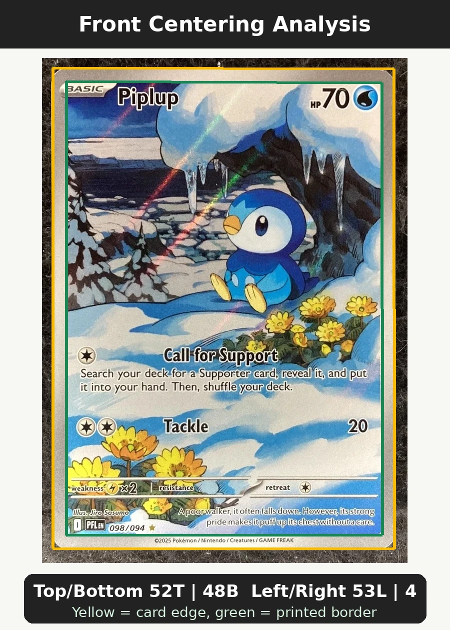 Piplup 098/94 Phantasmal Flames front centering analysis showing Top/Bottom 52T | 48B and Left/Right 53L | 47R.