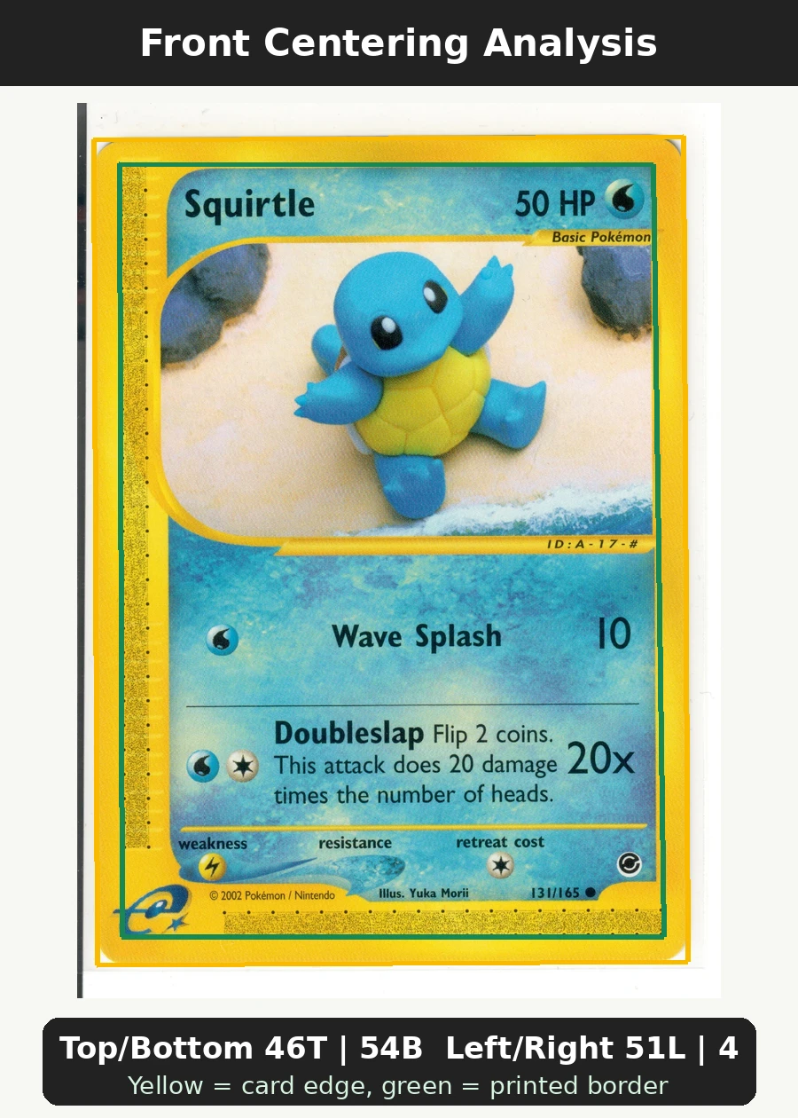 Squirtle 131/165 Expedition Base Set front centering analysis showing Top/Bottom 46T | 54B and Left/Right 51L | 49R.