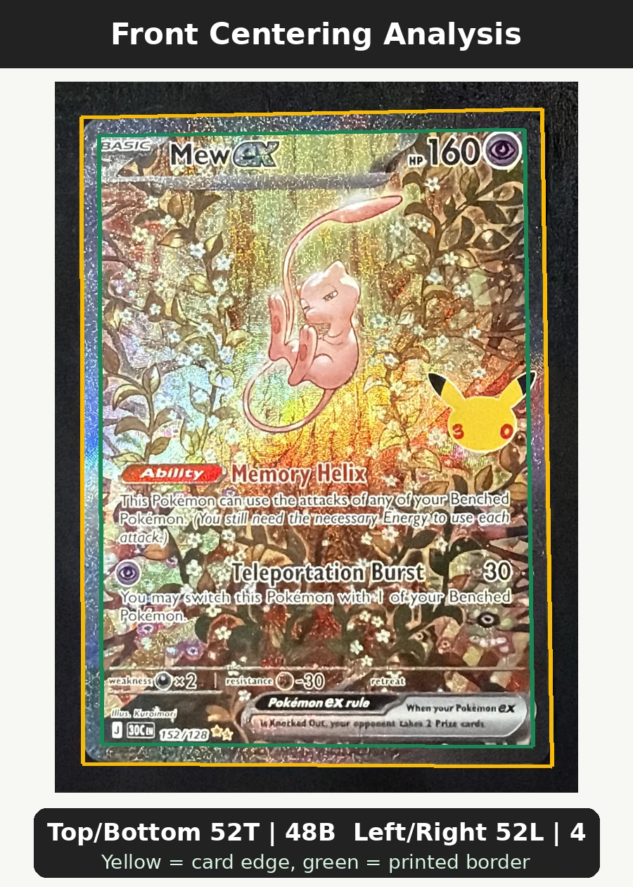 Mew ex 152/128 30th Celebration front centering analysis showing Top/Bottom 52T | 48B and Left/Right 52L | 48R.