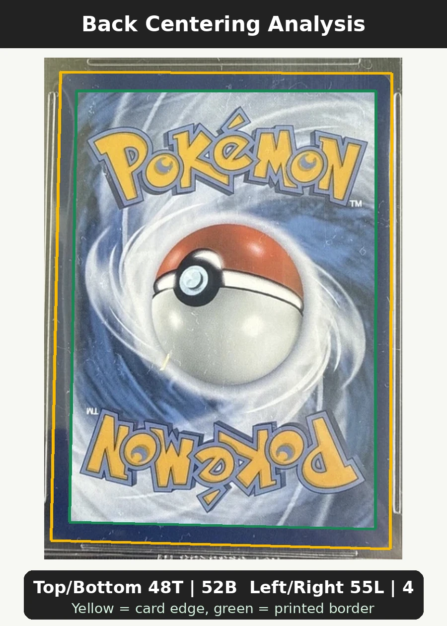 Mew ex 053/225 SVP Black Star Promos back centering analysis showing Top/Bottom 48T | 52B and Left/Right 55L | 45R.