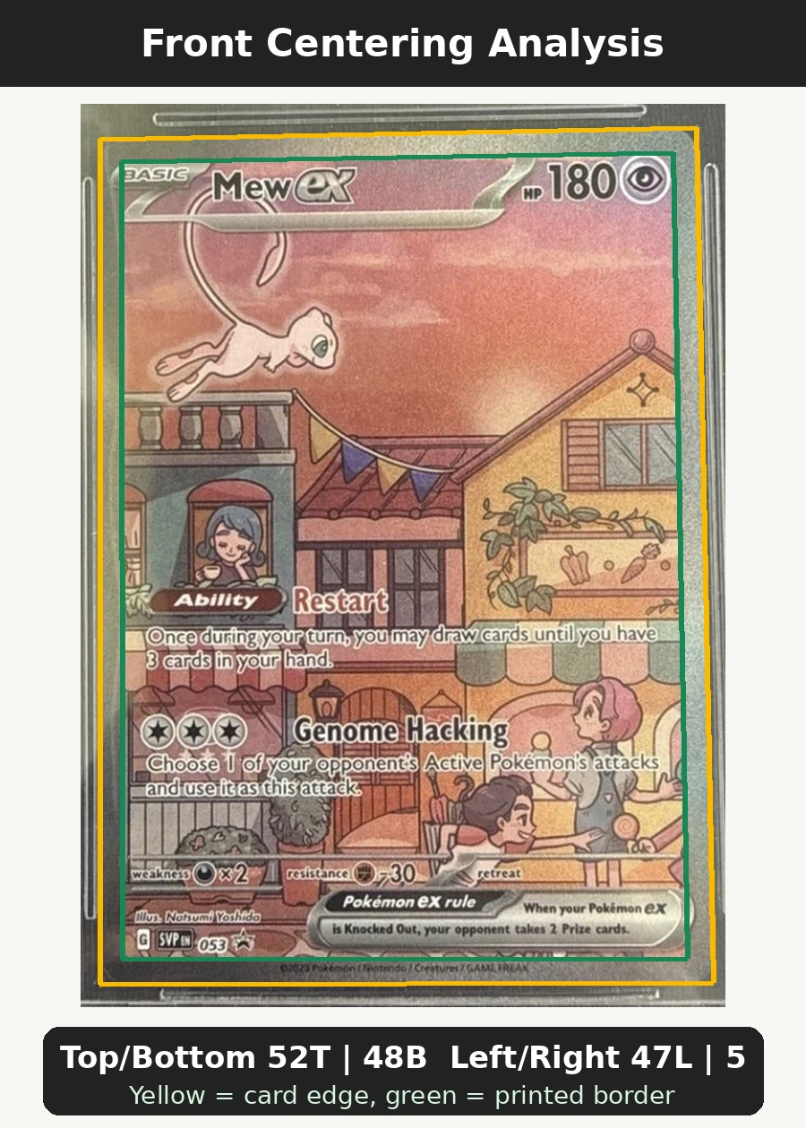 Mew ex 053/225 SVP Black Star Promos front centering analysis showing Top/Bottom 52T | 48B and Left/Right 47L | 53R.