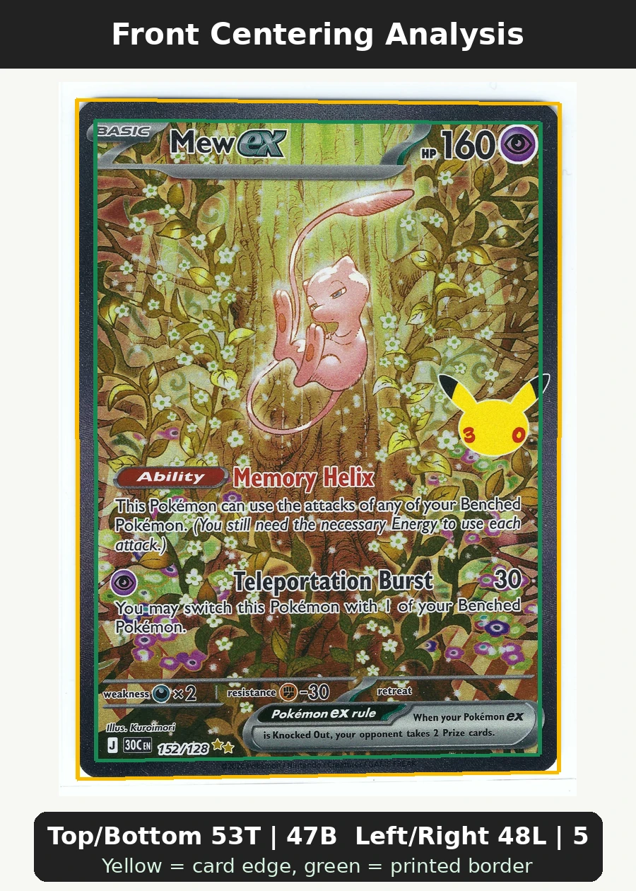 Mew ex 152/128 30th Celebration front centering analysis showing Top/Bottom 53T | 47B and Left/Right 48L | 52R.