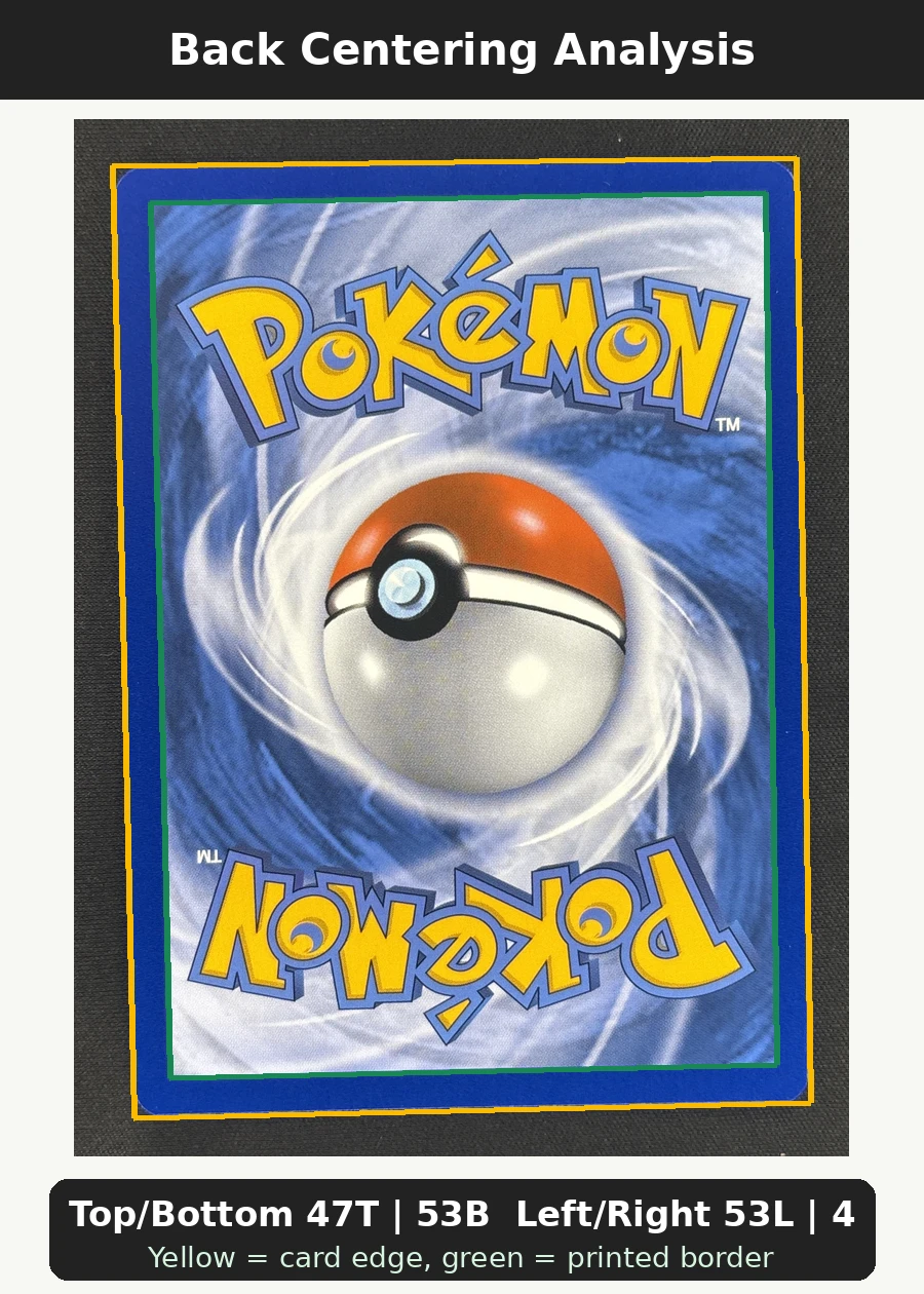 Special Delivery Charizard SWSH075/307 SWSH Black Star Promos back centering analysis showing Top/Bottom 47T | 53B and Left/Right 53L | 47R.