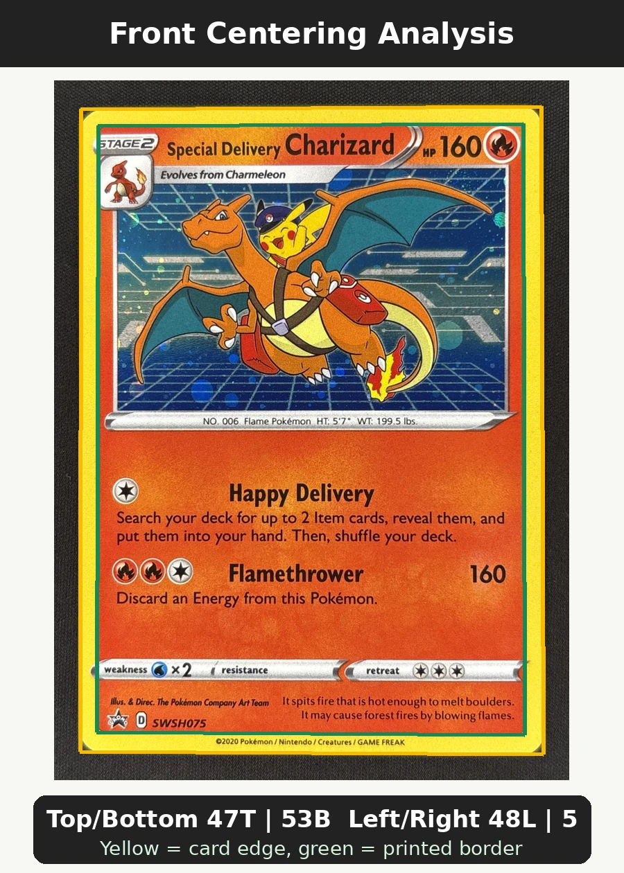 Special Delivery Charizard SWSH075/307 SWSH Black Star Promos front centering analysis showing Top/Bottom 47T | 53B and Left/Right 48L | 52R.