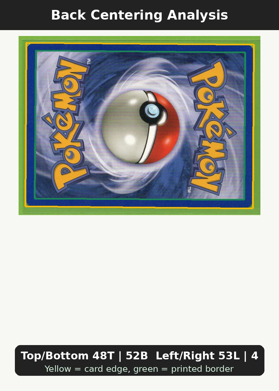 Shining Noctowl 110/105 Neo Destiny back centering analysis showing Top/Bottom 48T | 52B and Left/Right 53L | 47R.