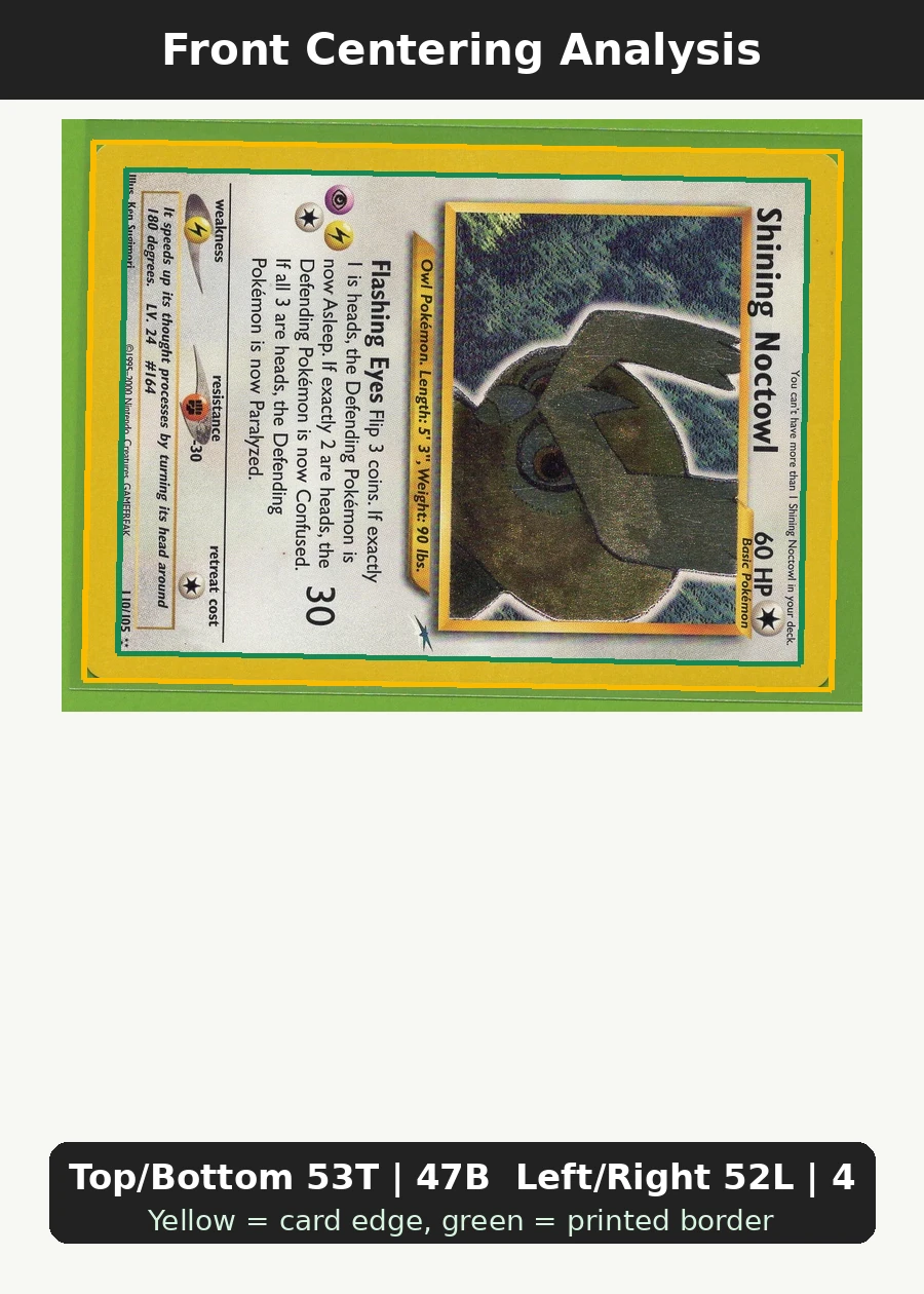 Shining Noctowl 110/105 Neo Destiny front centering analysis showing Top/Bottom 53T | 47B and Left/Right 52L | 48R.