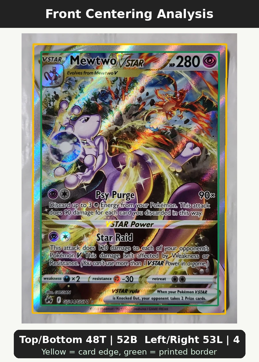 Mewtwo VSTAR GG44/159 Crown Zenith front centering analysis showing Top/Bottom 48T | 52B and Left/Right 53L | 47R.
