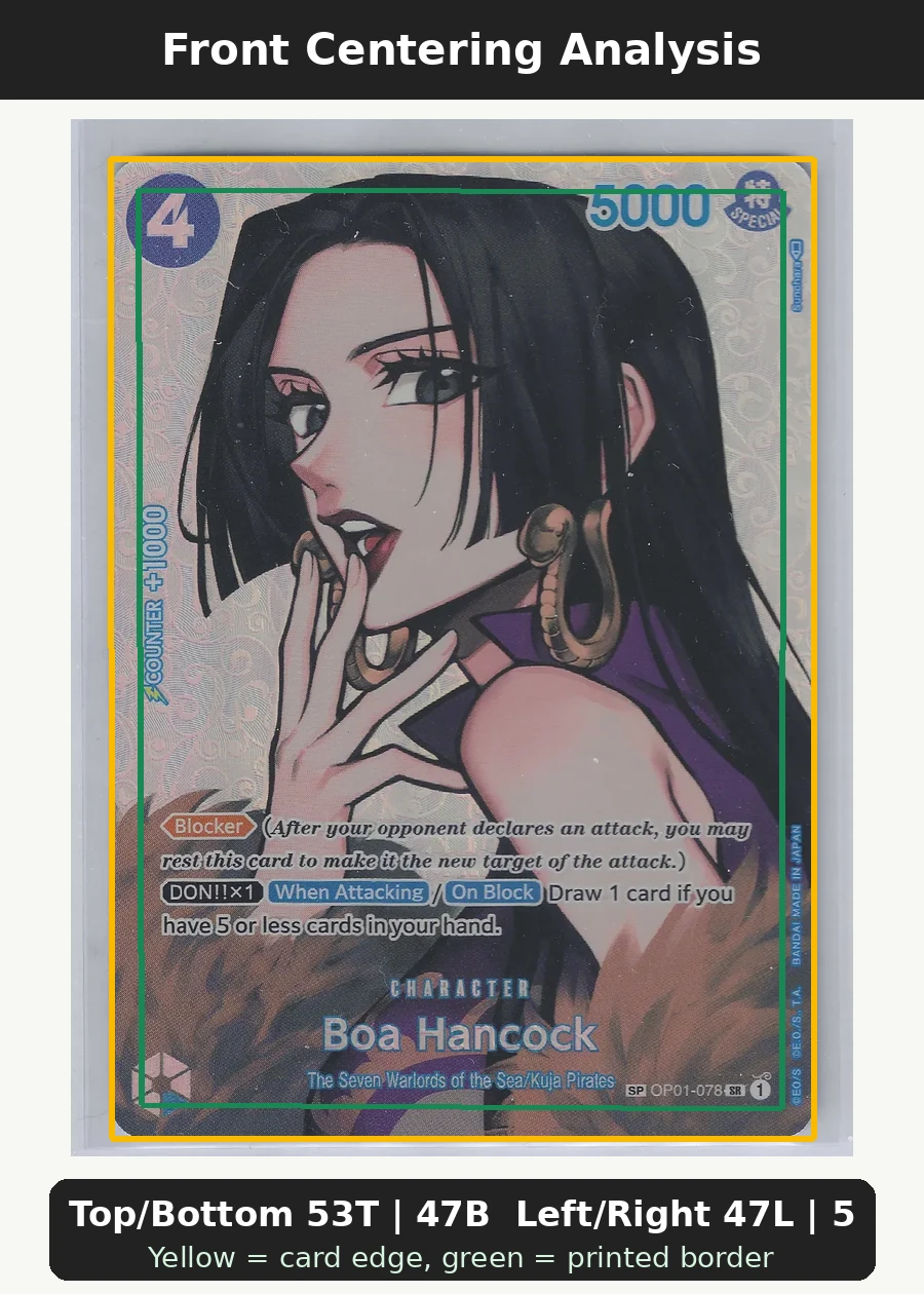 Boa Hancock · SP OP01-078 Romance Dawn front centering analysis showing Top/Bottom 53T | 47B and Left/Right 47L | 53R.