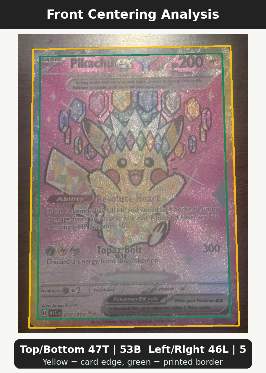 Pikachu ex 277/217 Ascended Heroes front centering analysis showing Top/Bottom 47T | 53B and Left/Right 46L | 54R.