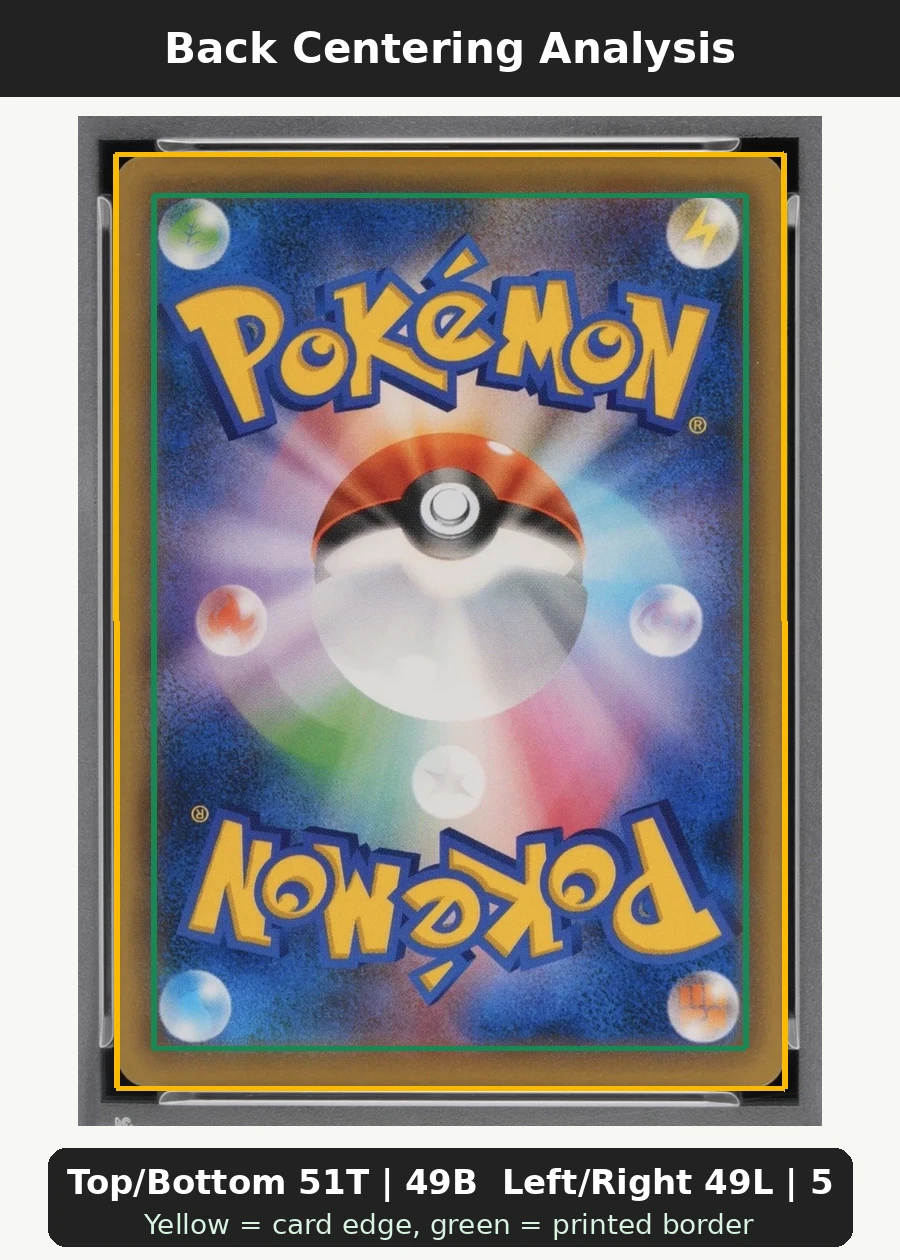 Red's Pikachu 270 Sun & Moon Promos back centering analysis showing Top/Bottom 51T | 49B and Left/Right 49L | 51R.