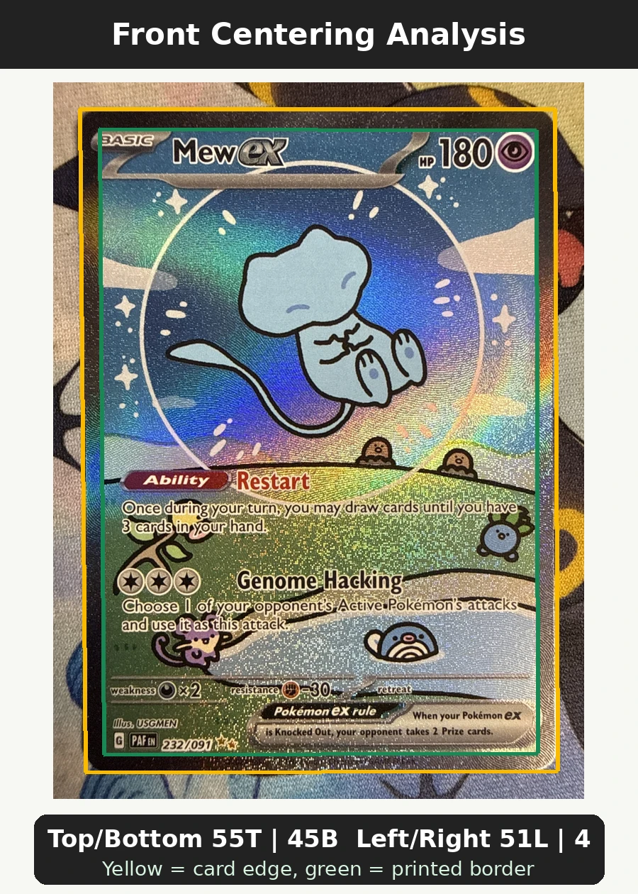 Mew ex 232/91 Paldean Fates front centering analysis showing Top/Bottom 55T | 45B and Left/Right 51L | 49R.