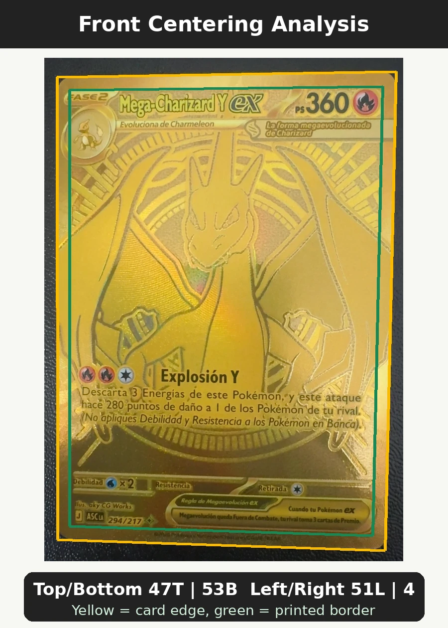 Mega Charizard Y ex 294/217 Ascended Heroes front centering analysis showing Top/Bottom 47T | 53B and Left/Right 51L | 49R.