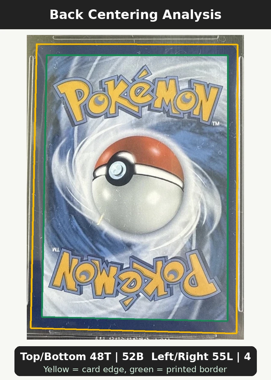 Mew ex 053/225 SVP Black Star Promos back centering analysis showing Top/Bottom 48T | 52B and Left/Right 55L | 45R.