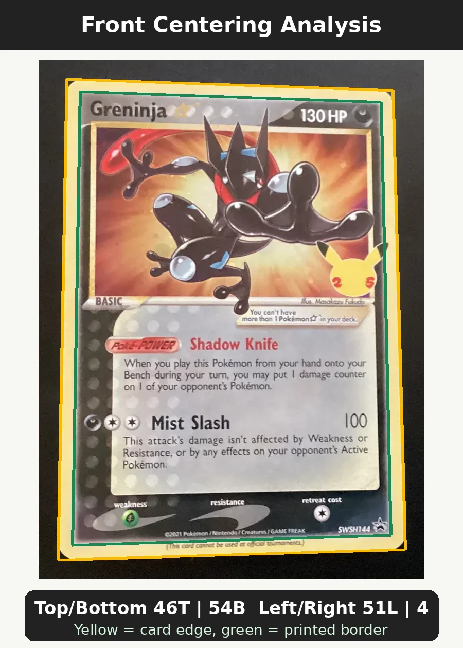 Greninja {star} SWSH144/307 SWSH Black Star Promos front centering analysis showing Top/Bottom 46T | 54B and Left/Right 51L | 49R.