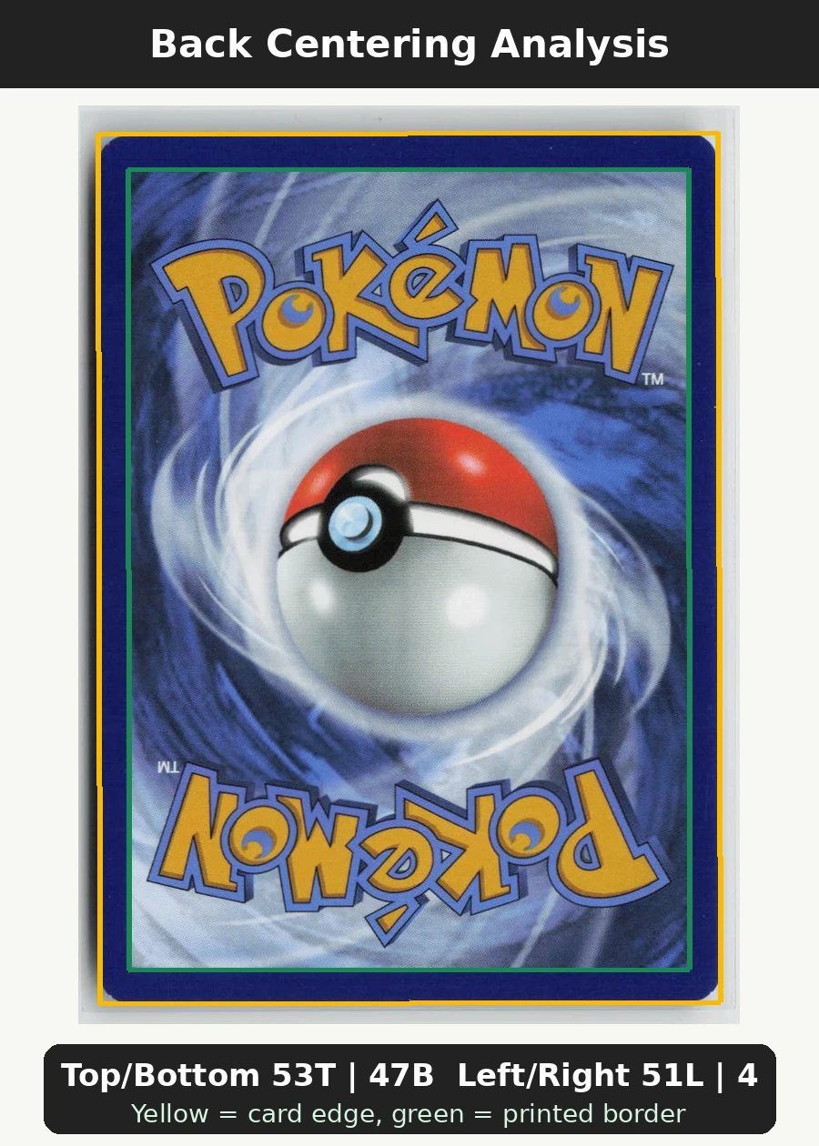 Misty's Psyduck 045/182 · Normal Destined Rivals back centering analysis showing Top/Bottom 53T | 47B and Left/Right 51L | 49R.
