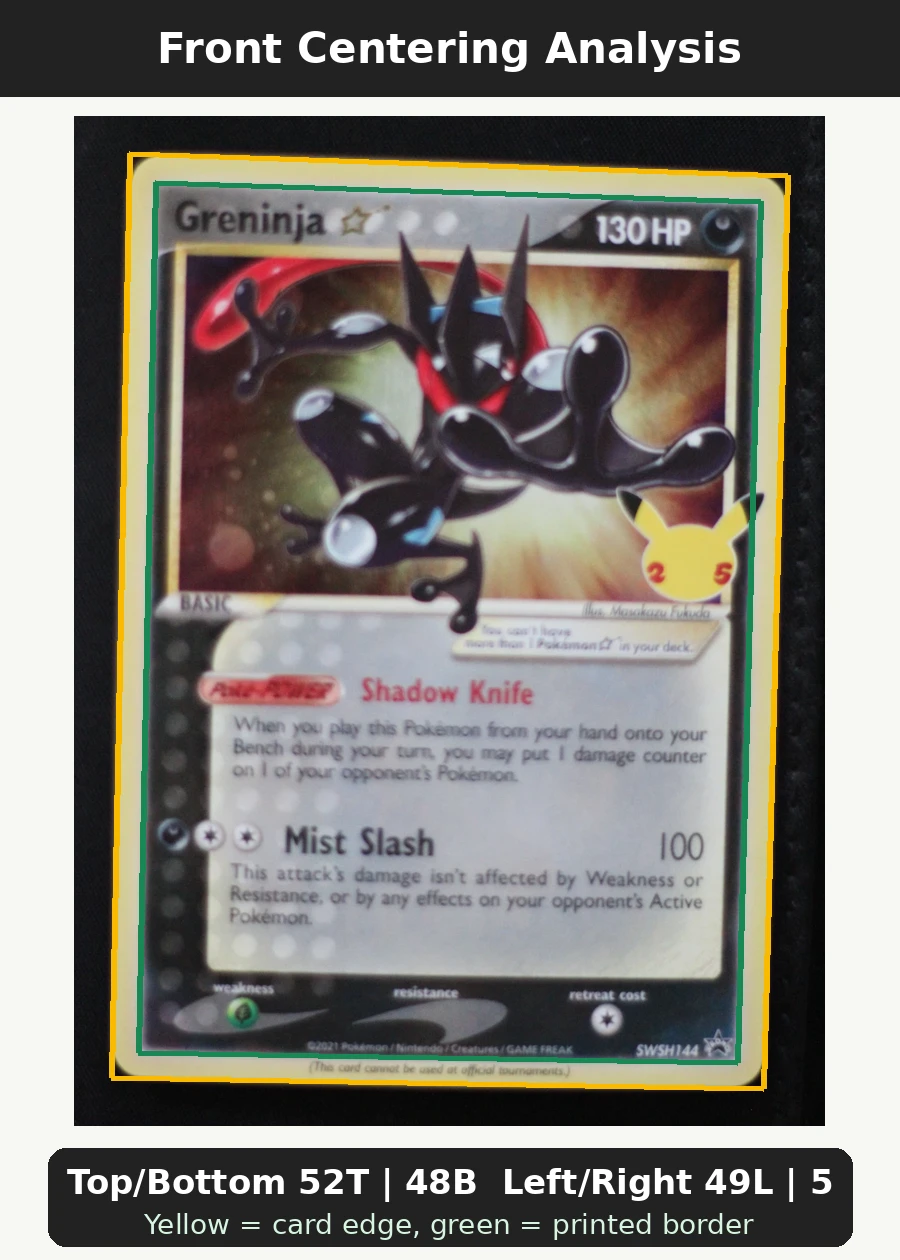 Greninja Star SWSH144/307 SWSH Black Star Promos front centering analysis showing Top/Bottom 52T | 48B and Left/Right 49L | 51R.