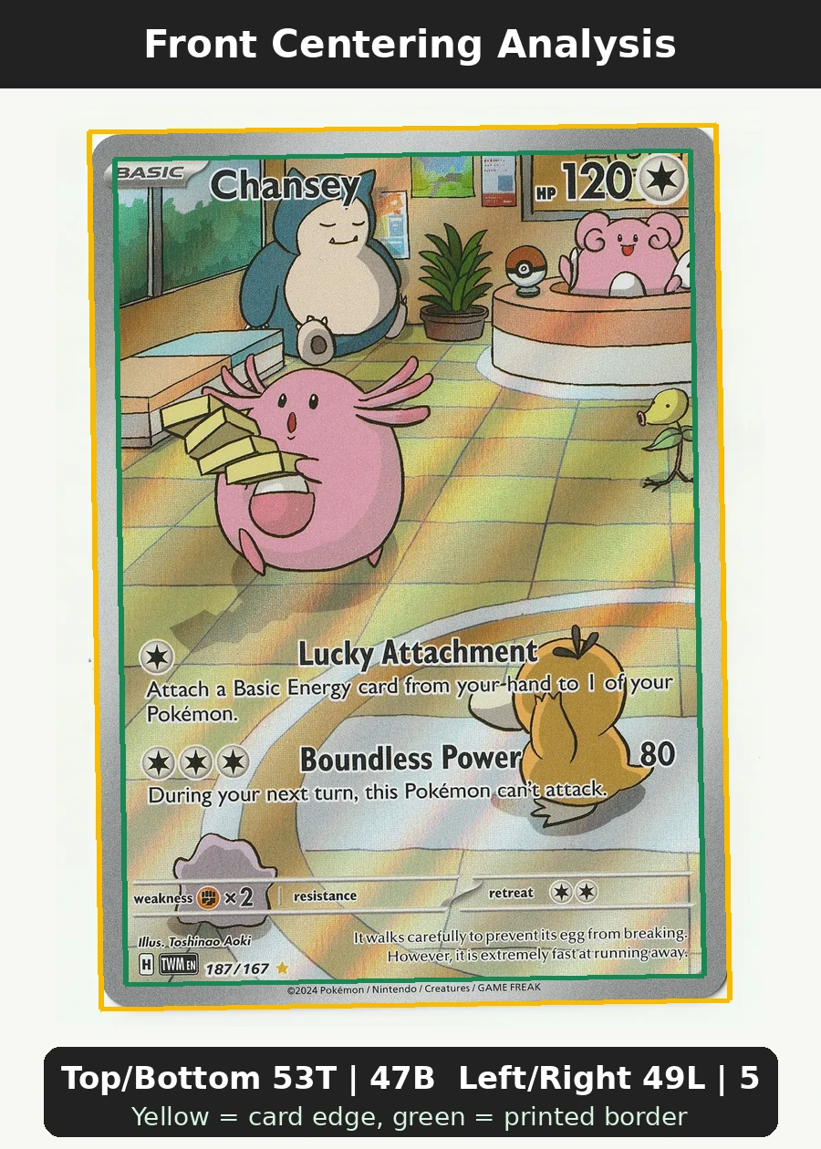 Chansey 187/167 Twilight Masquerade front centering analysis showing Top/Bottom 53T | 47B and Left/Right 49L | 51R.