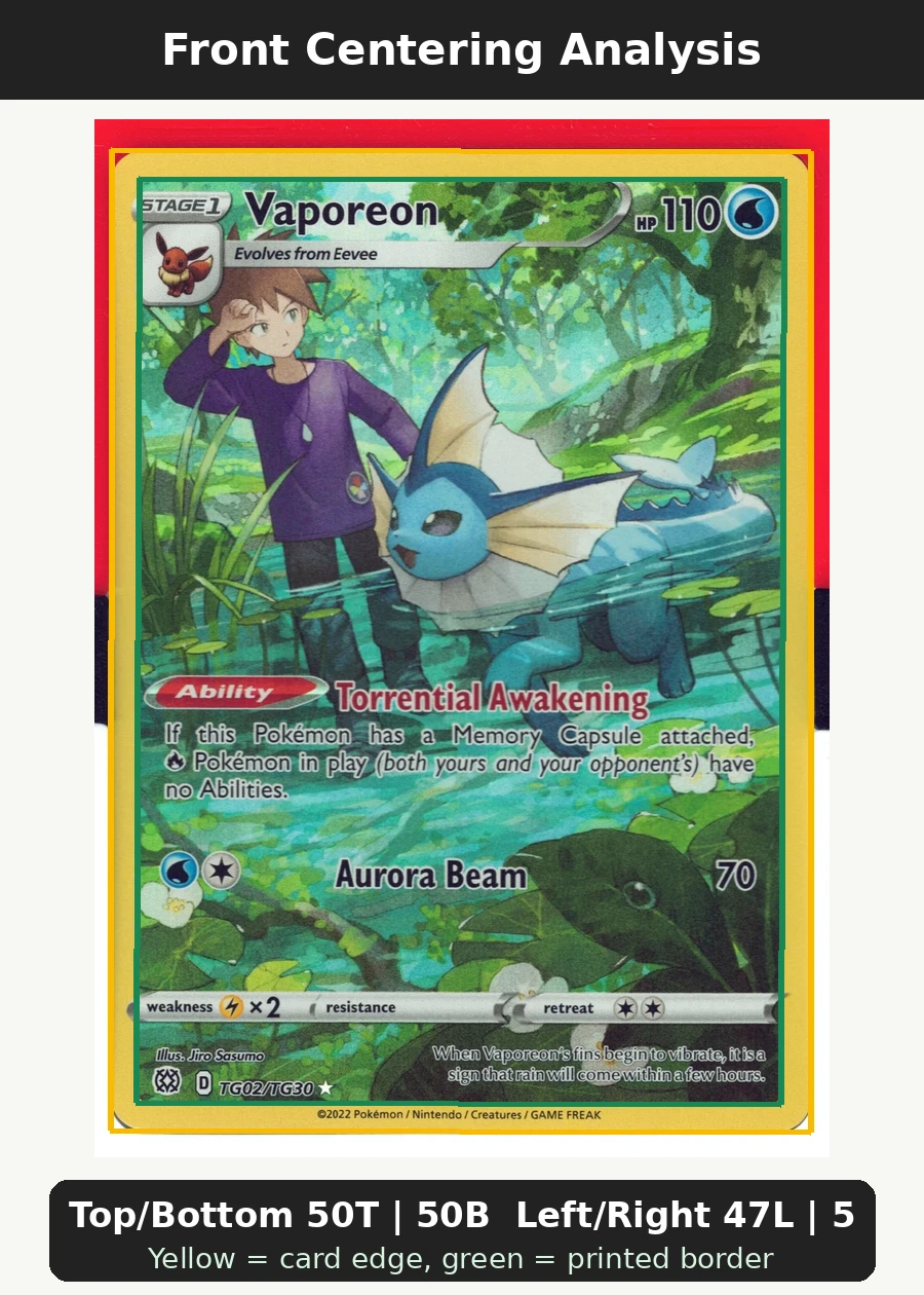 Vaporeon TG02/172 Brilliant Stars front centering analysis showing Top/Bottom 50T | 50B and Left/Right 47L | 53R.