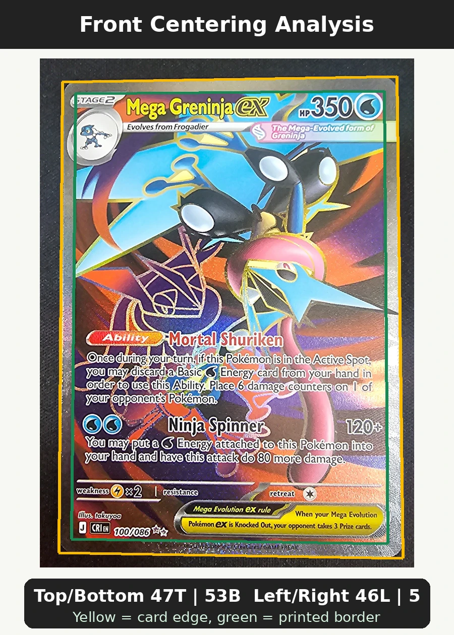 Mega Greninja ex 100/86 Chaos Rising front centering analysis showing Top/Bottom 47T | 53B and Left/Right 46L | 54R.