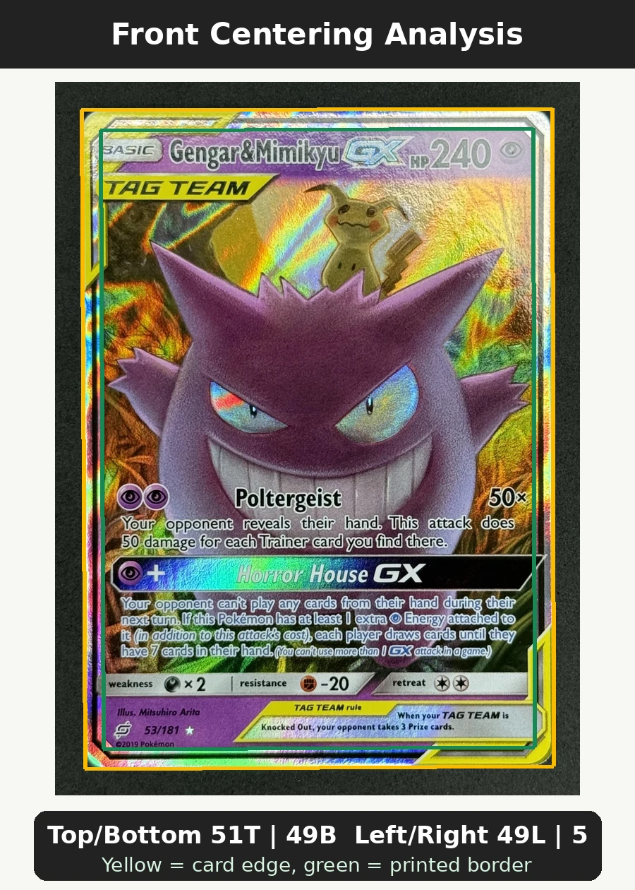 Gengar & Mimikyu GX 053/181 Team Up front centering analysis showing Top/Bottom 51T | 49B and Left/Right 49L | 51R.