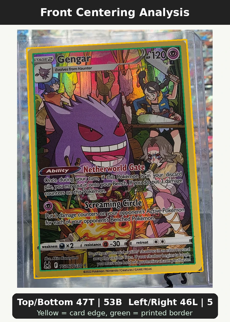Gengar TG06/196 Lost Origin front centering analysis showing Top/Bottom 47T | 53B and Left/Right 46L | 54R.