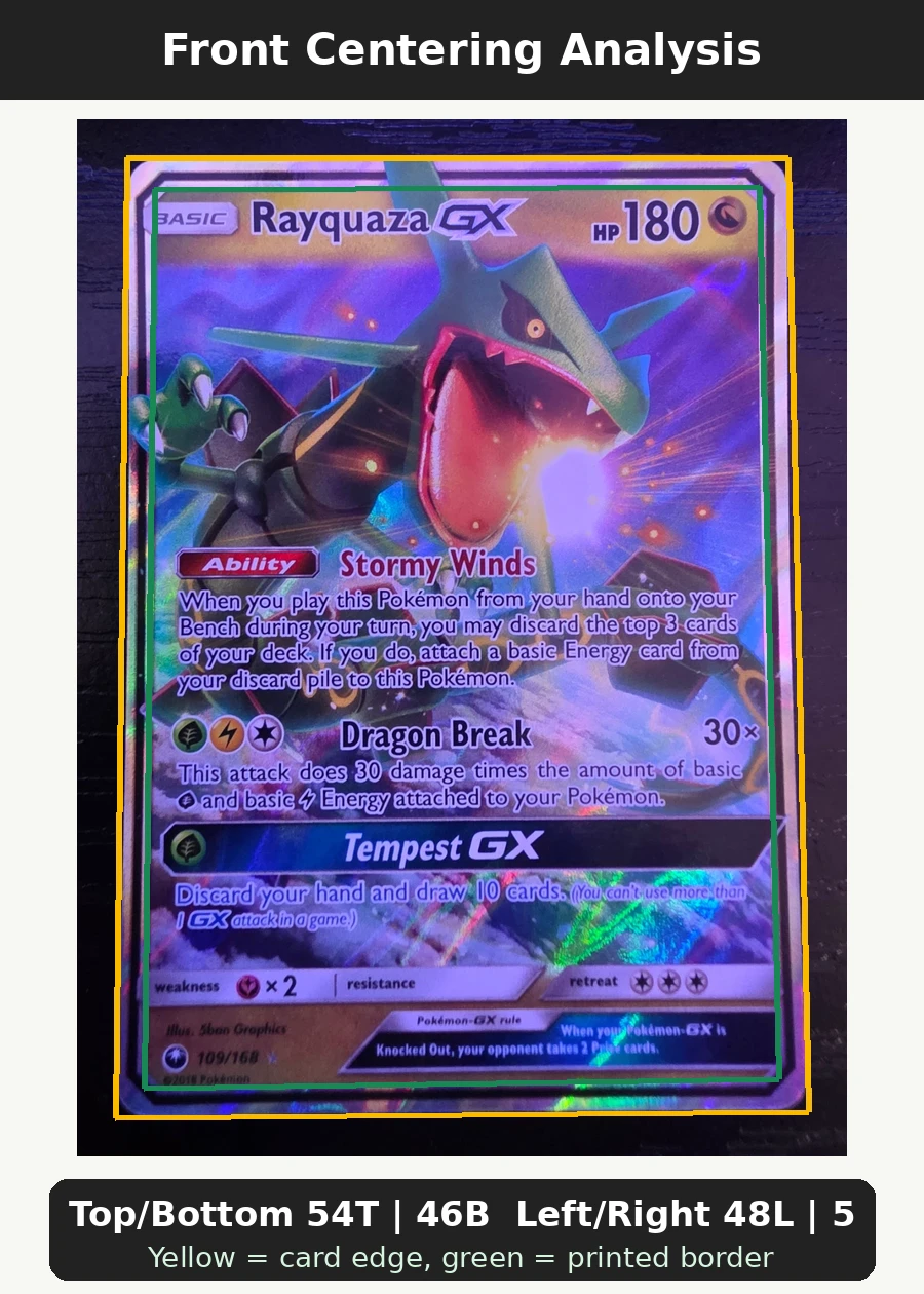 Rayquaza GX 109/168 Celestial Storm front centering analysis showing Top/Bottom 54T | 46B and Left/Right 48L | 52R.