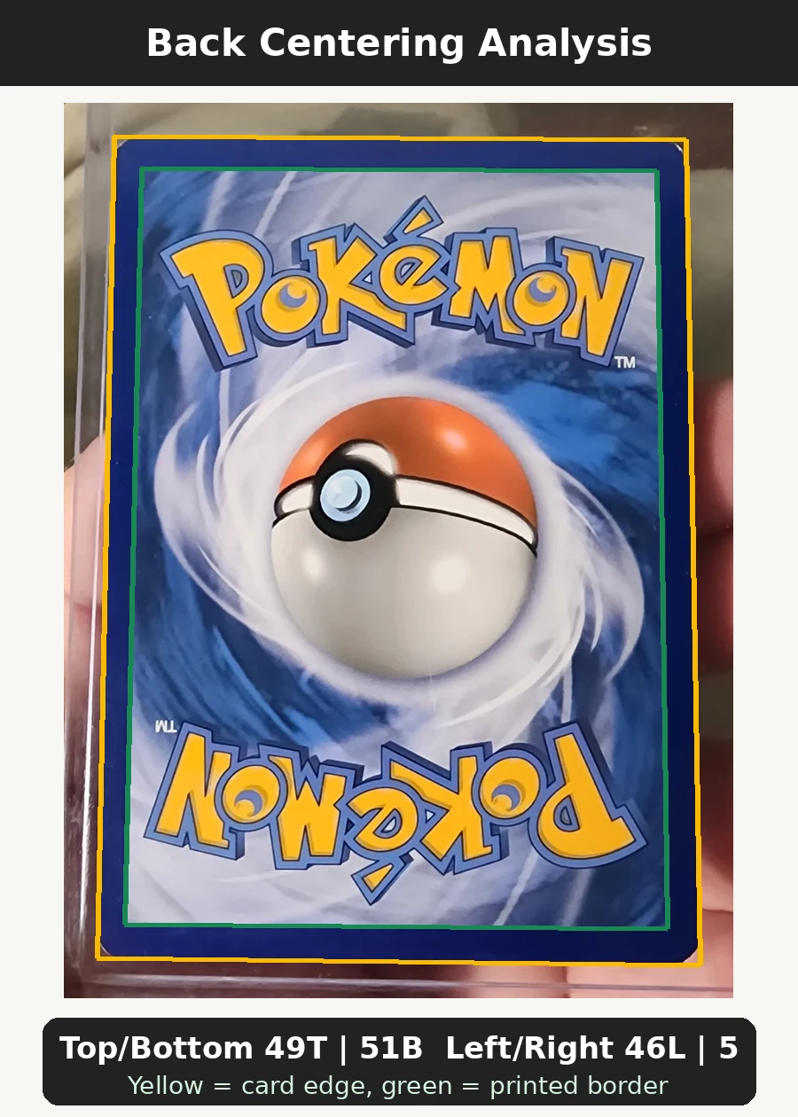 Flareon 013/98 Ancient Origins back centering analysis showing Top/Bottom 49T | 51B and Left/Right 46L | 54R.