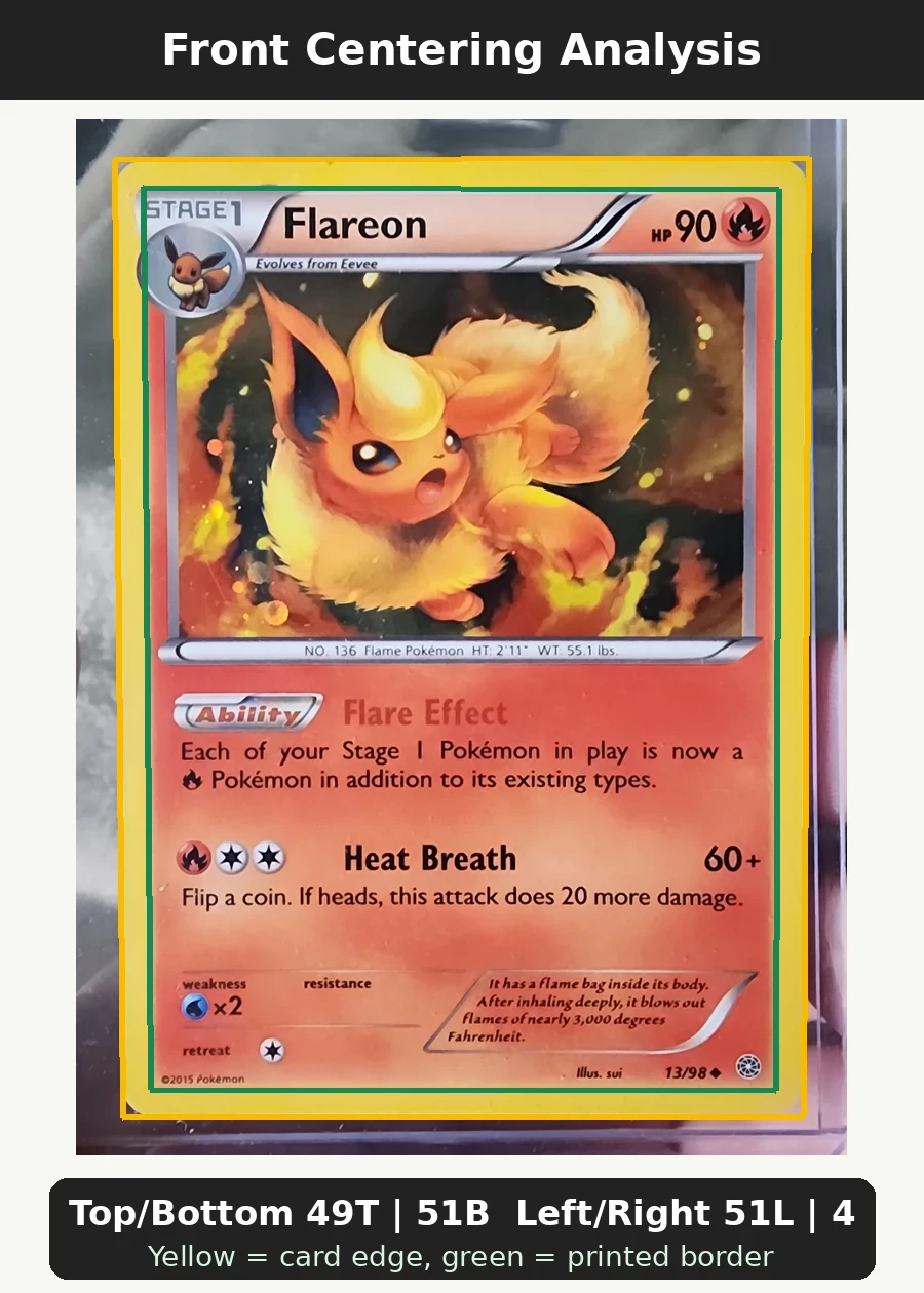 Flareon 013/98 Ancient Origins front centering analysis showing Top/Bottom 49T | 51B and Left/Right 51L | 49R.
