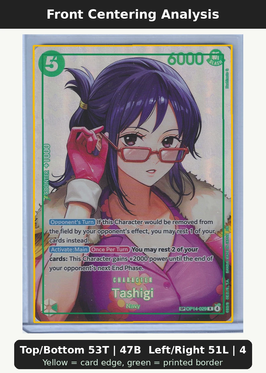 Tashigi (OP14-029) - SP OP14-029 The Azure Sea's Seven front centering analysis showing Top/Bottom 53T | 47B and Left/Right 51L | 49R.