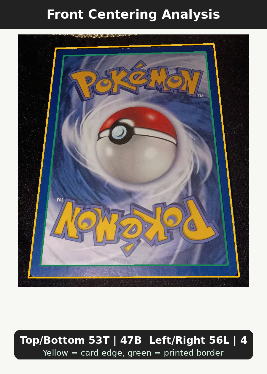 Pikachu 027/53 Wizards Black Star Promos front centering analysis showing Top/Bottom 53T | 47B and Left/Right 56L | 44R.