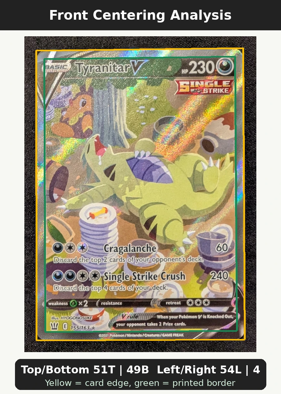 Tyranitar V 155/163 Battle Styles front centering analysis showing Top/Bottom 51T | 49B and Left/Right 54L | 46R.
