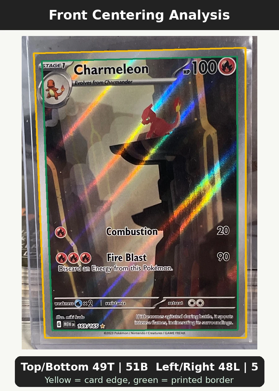 Charmeleon 169/165 151 front centering analysis showing Top/Bottom 49T | 51B and Left/Right 48L | 52R.