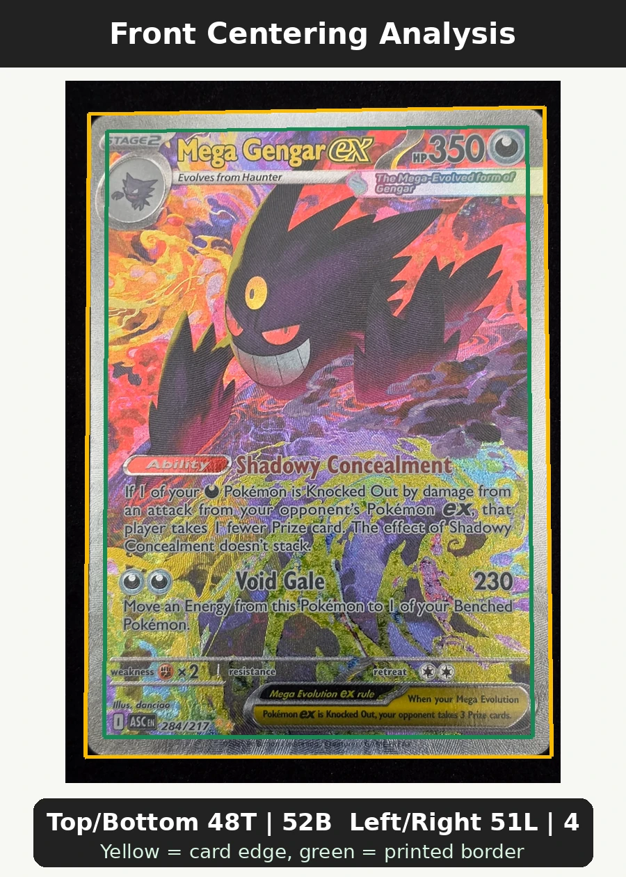 Mega Gengar ex 284/217 Ascended Heroes front centering analysis showing Top/Bottom 48T | 52B and Left/Right 51L | 49R.