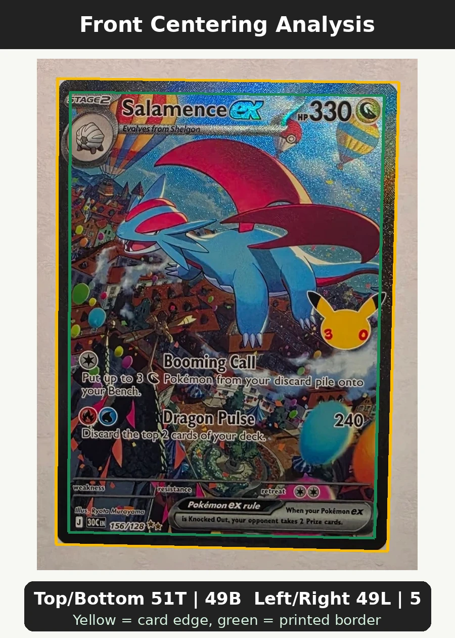 Salamence ex 156/128 30th Celebration front centering analysis showing Top/Bottom 51T | 49B and Left/Right 49L | 51R.