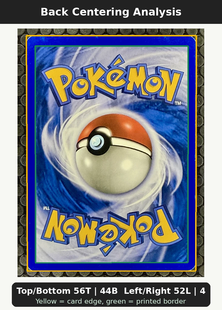 Charizard δ 004/100 Crystal Guardians back centering analysis showing Top/Bottom 56T | 44B and Left/Right 52L | 48R.