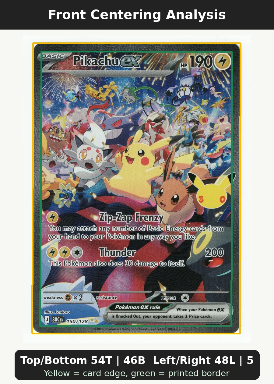Pikachu ex 150/128 30th Celebration front centering analysis showing Top/Bottom 54T | 46B and Left/Right 48L | 52R.