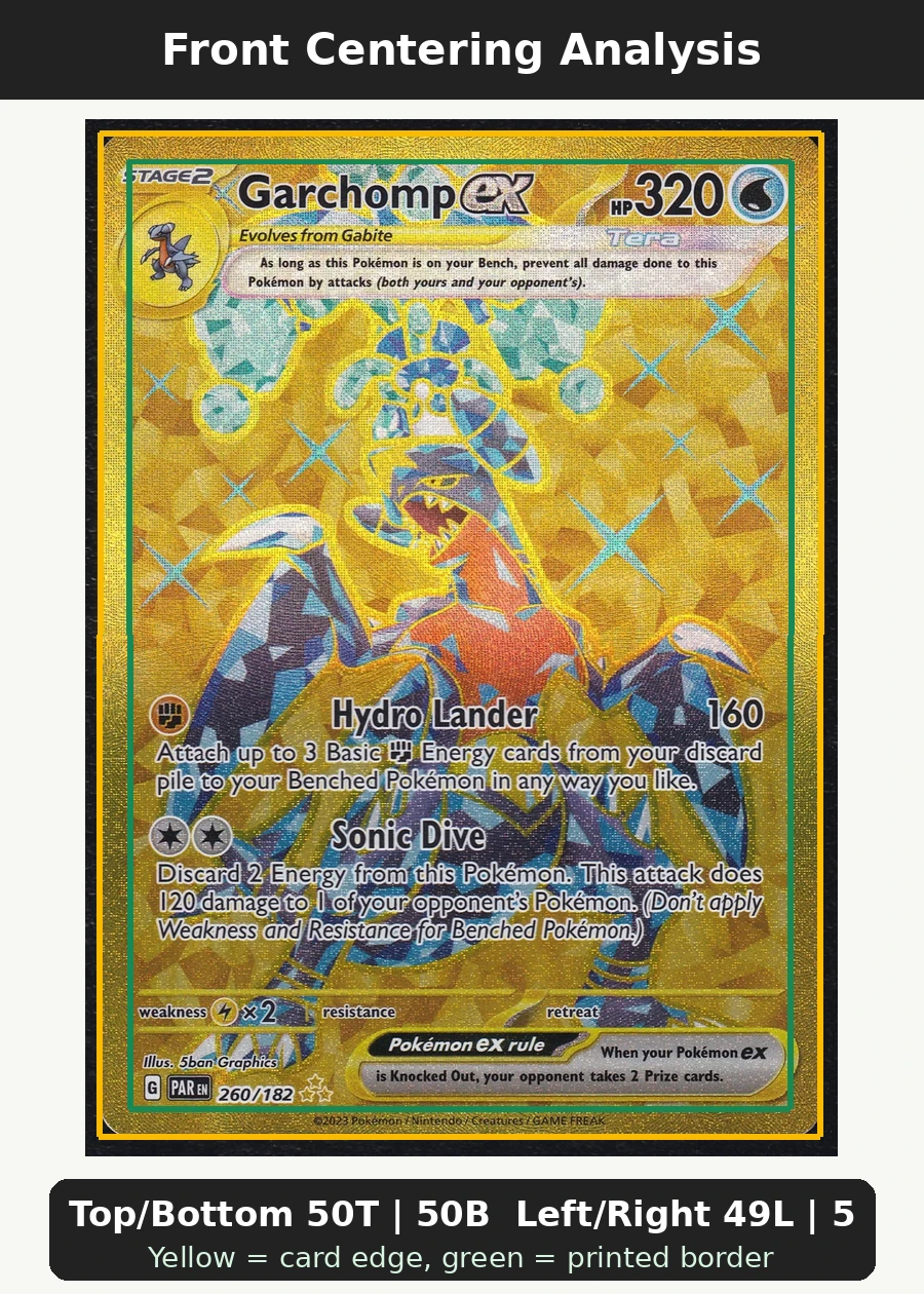 Garchomp ex 260/182 Paradox Rift front centering analysis showing Top/Bottom 50T | 50B and Left/Right 49L | 51R.