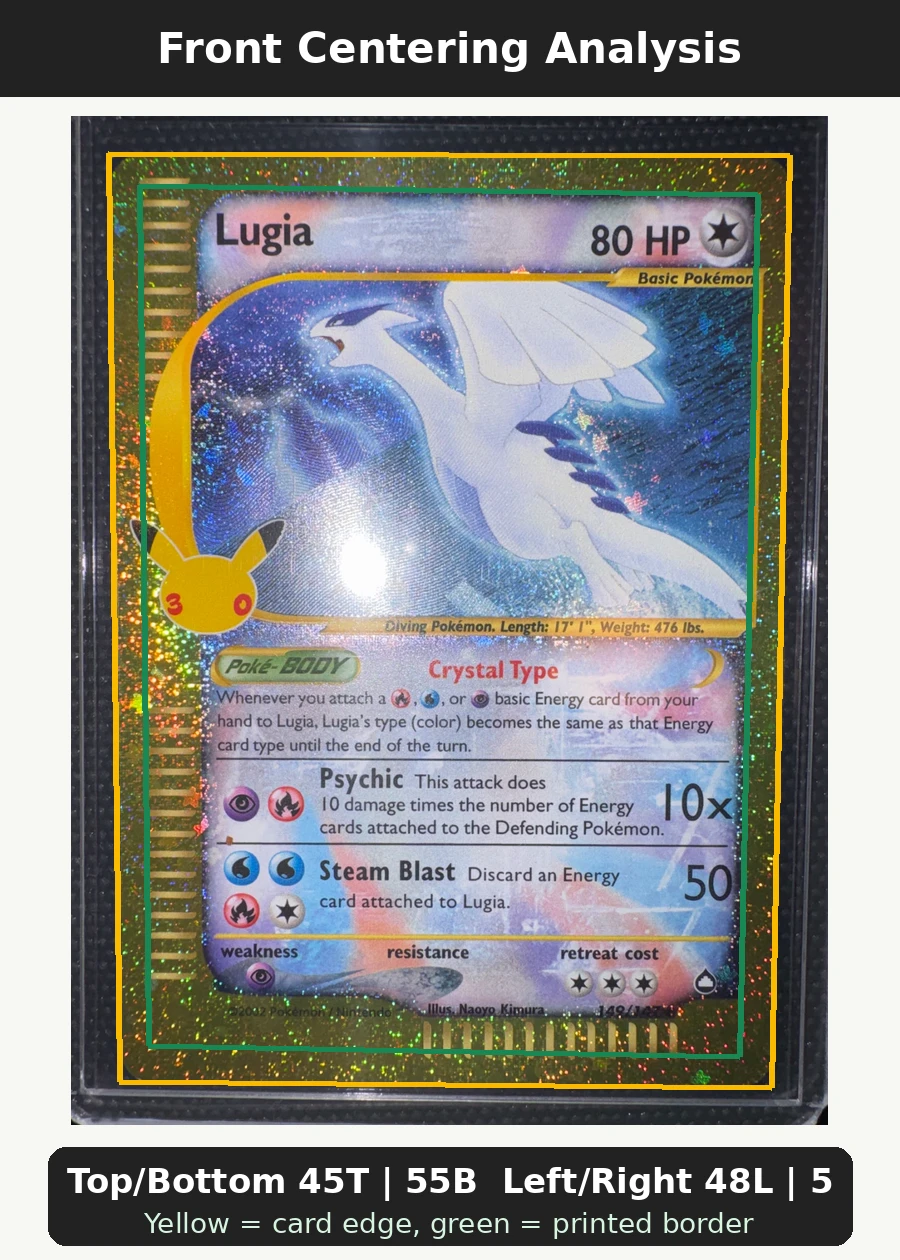 Lugia 029 30th Classic Collection front centering analysis showing Top/Bottom 45T | 55B and Left/Right 48L | 52R.