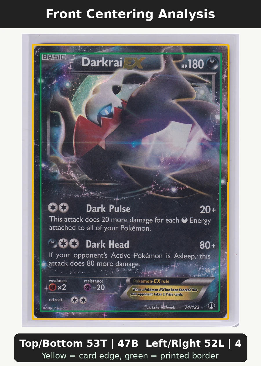 Darkrai EX 074/122 BREAKpoint front centering analysis showing Top/Bottom 53T | 47B and Left/Right 52L | 48R.