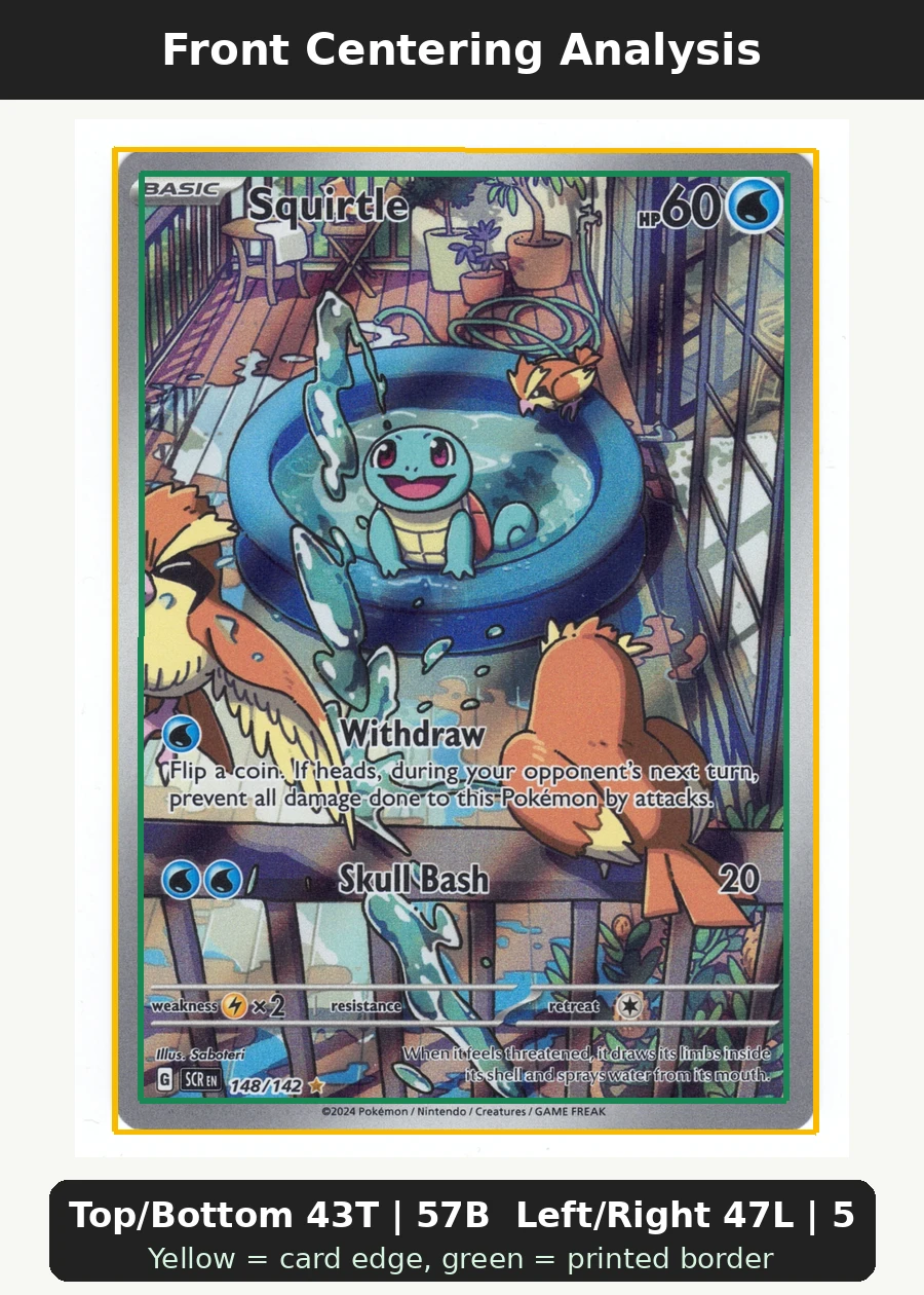 Squirtle 148/142 Stellar Crown front centering analysis showing Top/Bottom 43T | 57B and Left/Right 47L | 53R.