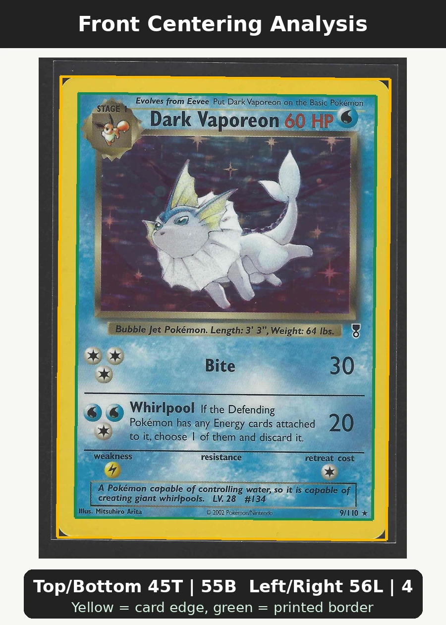 Dark Vaporeon 009/110 Legendary Collection front centering analysis showing Top/Bottom 45T | 55B and Left/Right 56L | 44R.