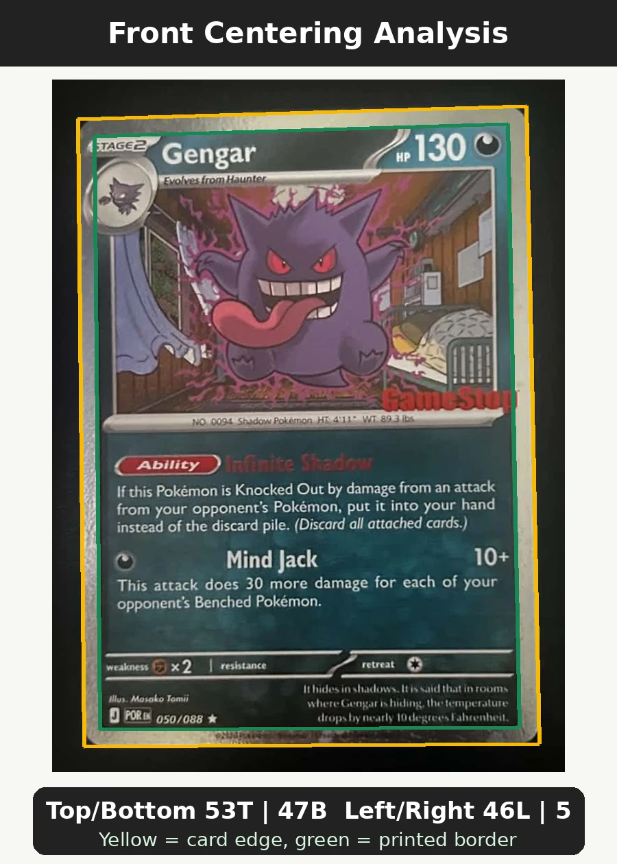 Gengar 050/88 Perfect Order front centering analysis showing Top/Bottom 53T | 47B and Left/Right 46L | 54R.