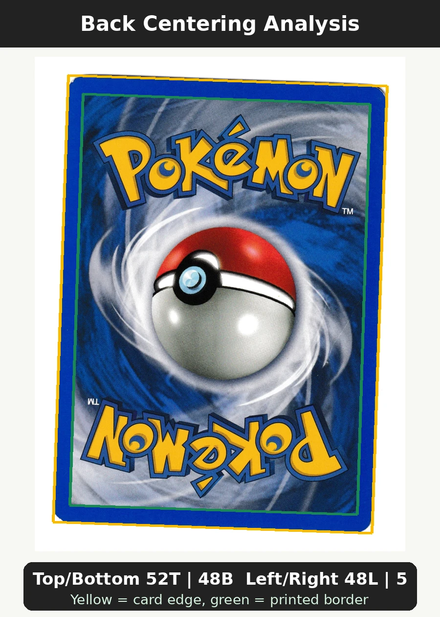 Machoke 051/110 (Reverse Holo) Legendary Collection back centering analysis showing Top/Bottom 52T | 48B and Left/Right 48L | 52R.