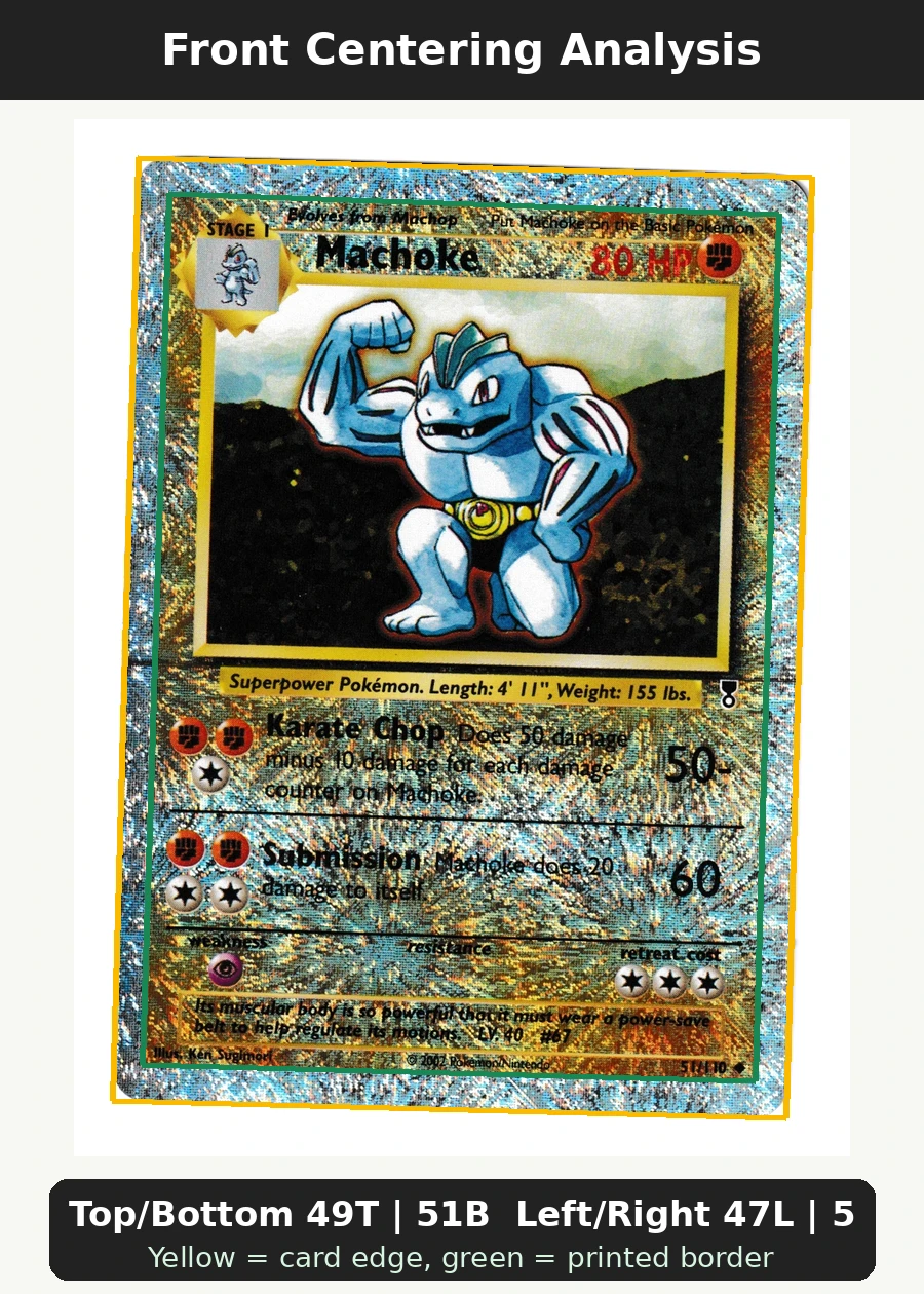 Machoke 051/110 (Reverse Holo) Legendary Collection front centering analysis showing Top/Bottom 49T | 51B and Left/Right 47L | 53R.