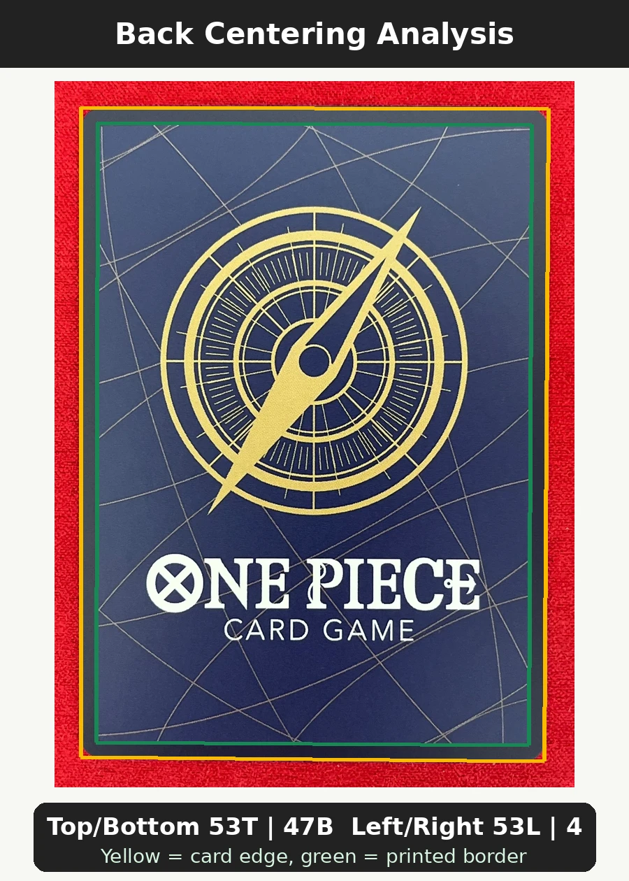 Tony Tony.Chopper P-065 One Piece Promotion Cards back centering analysis showing Top/Bottom 53T | 47B and Left/Right 53L | 47R.