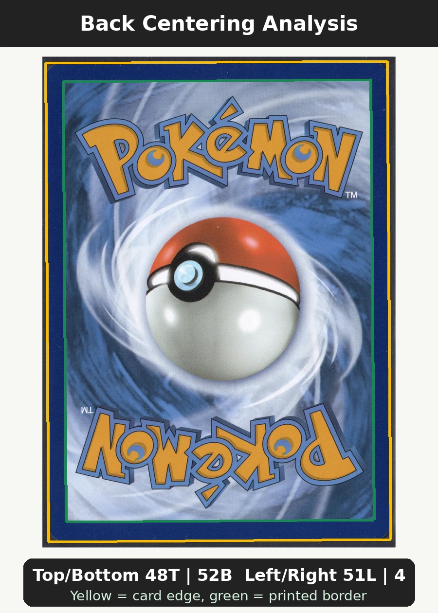 Charizard ex 199/165 151 back centering analysis showing Top/Bottom 48T | 52B and Left/Right 51L | 49R.
