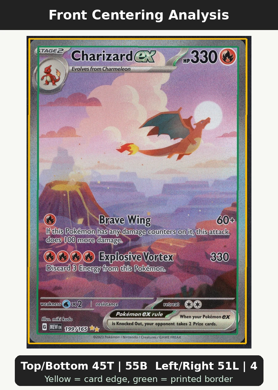 Charizard ex 199/165 151 front centering analysis showing Top/Bottom 45T | 55B and Left/Right 51L | 49R.