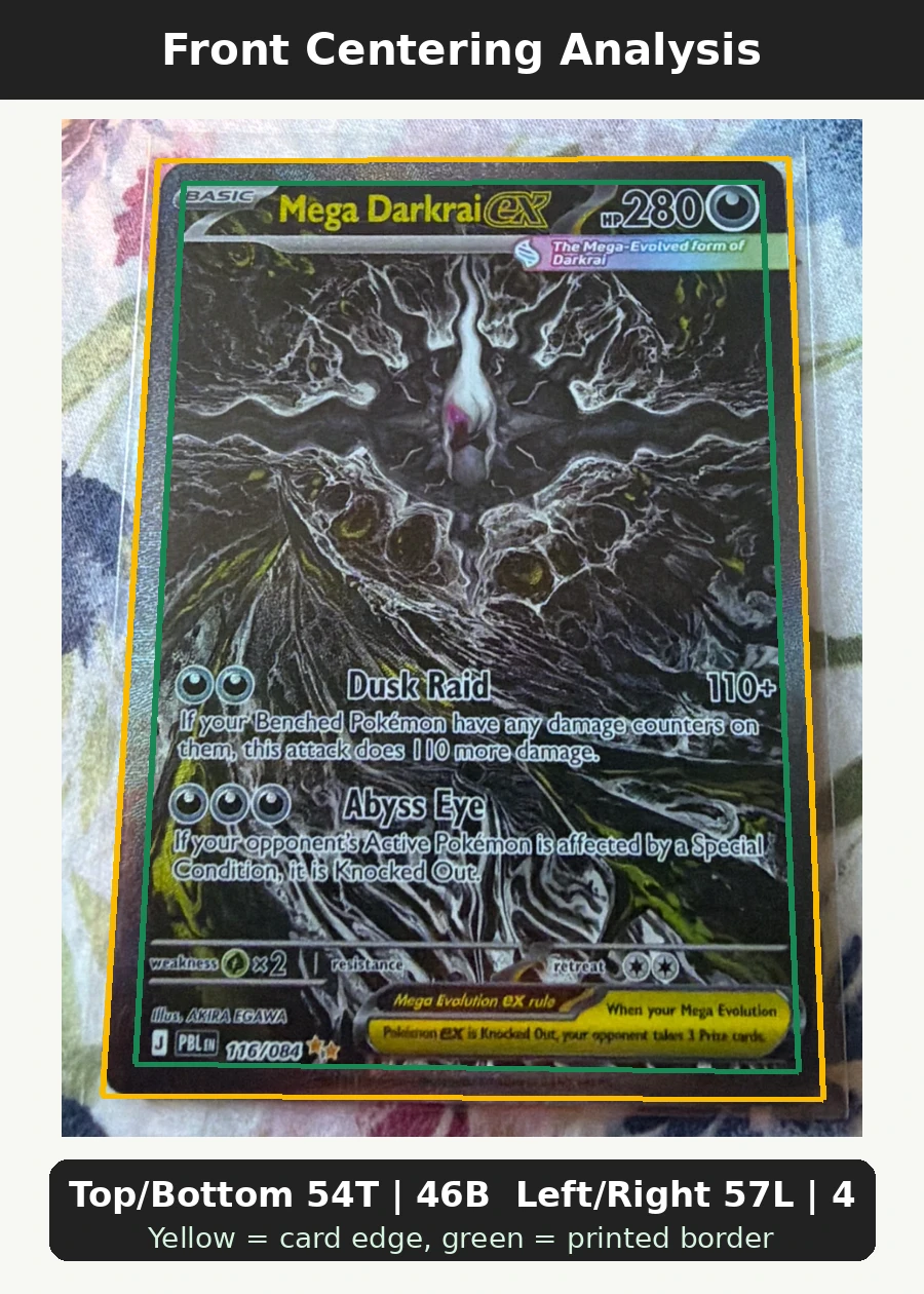Mega Darkrai ex 116/84 Pitch Black front centering analysis showing Top/Bottom 54T | 46B and Left/Right 57L | 43R.