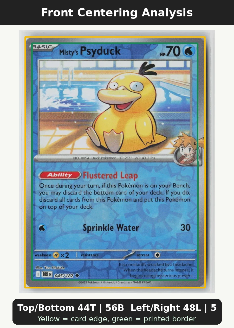 Misty's Psyduck 045/182 · Reverse Holo Destined Rivals front centering analysis showing Top/Bottom 44T | 56B and Left/Right 48L | 52R.